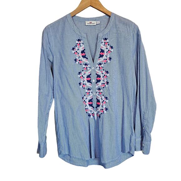 Vineyard Vines Embroidered Long Sleeve Popover Blouse Women's 2 Preppy Boho - Picture 1 of 9